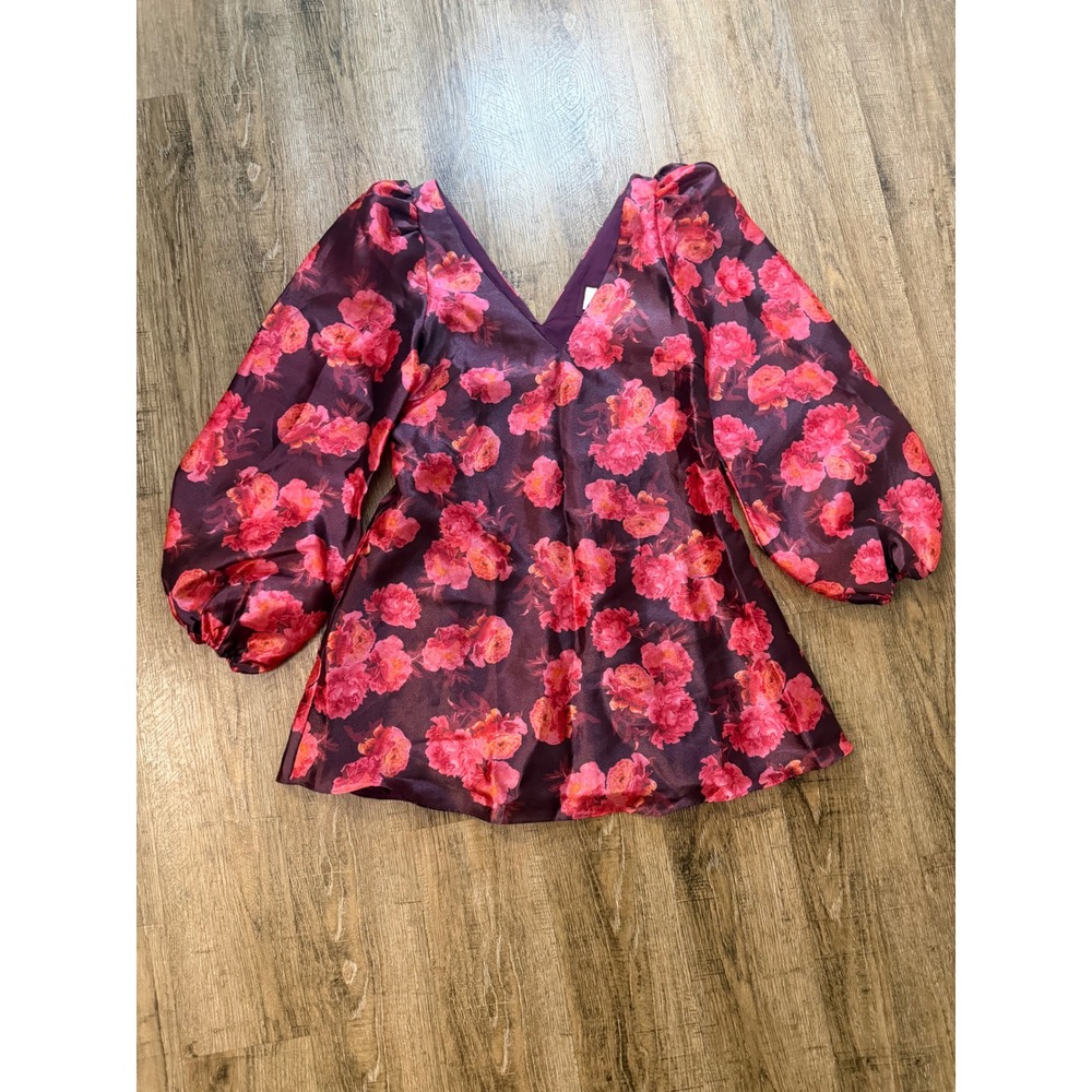 BHLDN Anthropologie Floral V-Neck Balloon Sleeve Mini Dress Burgundy Pink Small